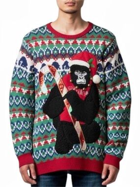 HOLIDAY TIME Tacky Gorilla Ugly Christmas Sweater Green Size L (42-44) -- FUN!!!